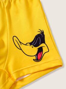 LOONEY TUNES X SHEIN 小男孩夏季無袖背心與四角內褲套裝，達菲鴨印花男孩款 - 黑色 - 查看 7
