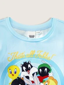 LOONEY TUNES X SHEIN 男婴夏季休闲可爱卡通印花短袖T恤和条纹短裤 - 淺藍色 - 查看 3