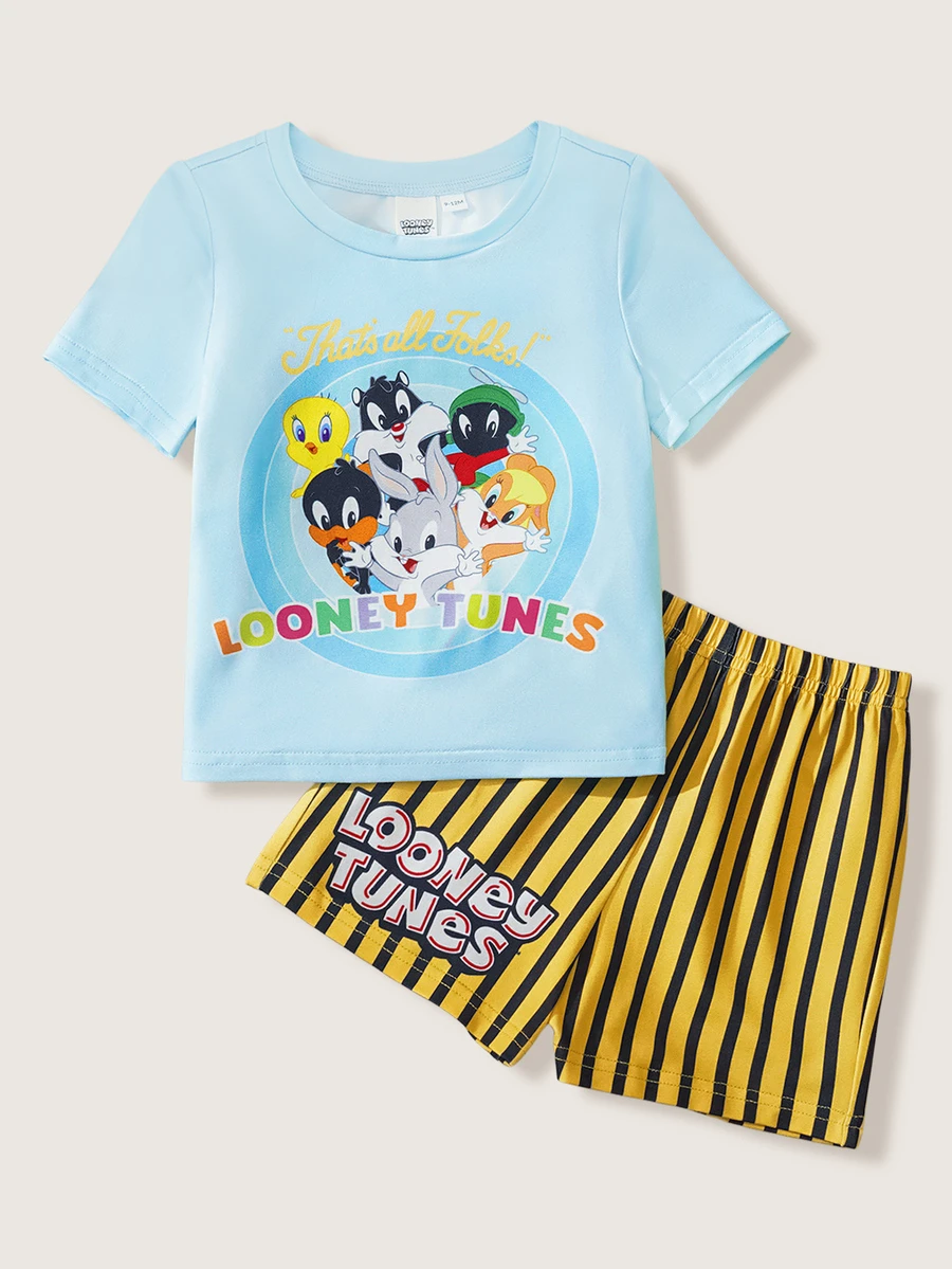 LOONEY TUNES X SHEIN 男婴夏季休闲可爱卡通印花短袖T恤和条纹短裤 - 淺藍色 - 查看 1