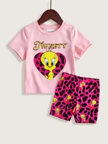 LOONEY TUNES X SHEIN 女嬰圓領短袖T恤與短褲套裝 - 彩色 - 查看 1