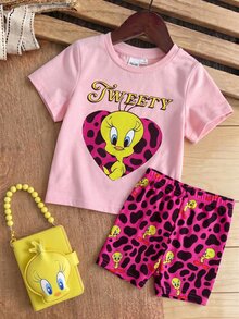 LOONEY TUNES X SHEIN 女嬰圓領短袖T恤與短褲套裝 - 彩色 - 查看 4