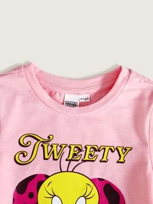 LOONEY TUNES X SHEIN 女嬰圓領短袖T恤與短褲套裝 - 彩色 - 查看 5