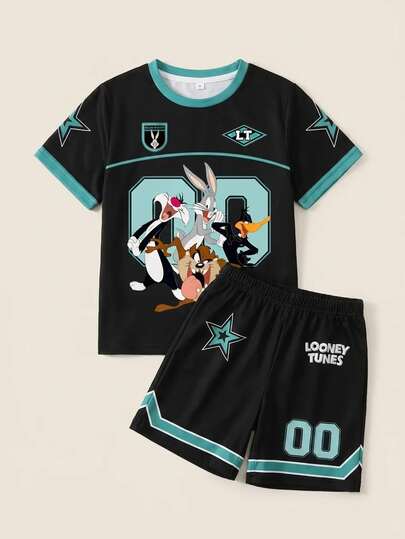LOONEY TUNES X SHEIN Conjunto de camiseta de manga corta con cuello redondo y ribete de contraste con estampado de dibujos animados, y pantalones cortos estampados con rayas y números para niño preadolescente
