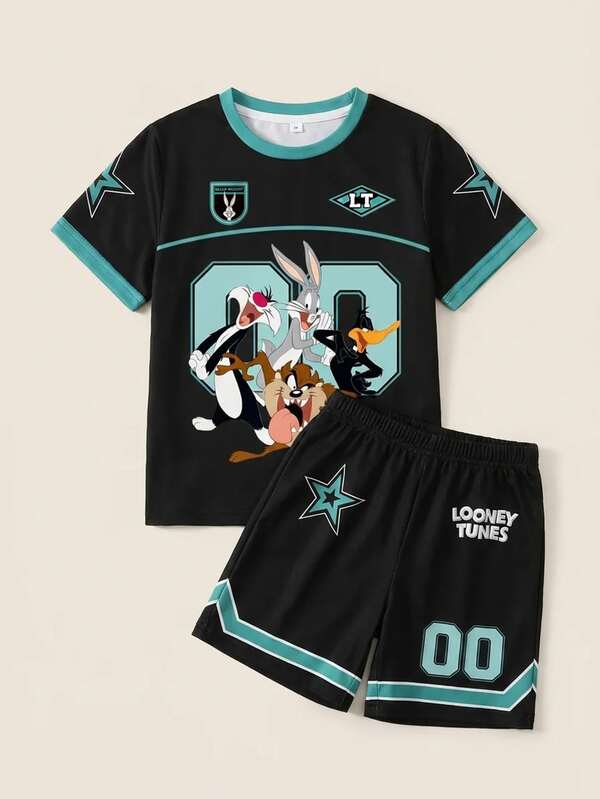 LOONEY TUNES X SHEIN 男童卡通印花撞色滚边圆领短袖T恤和条纹数字印花短裤套装