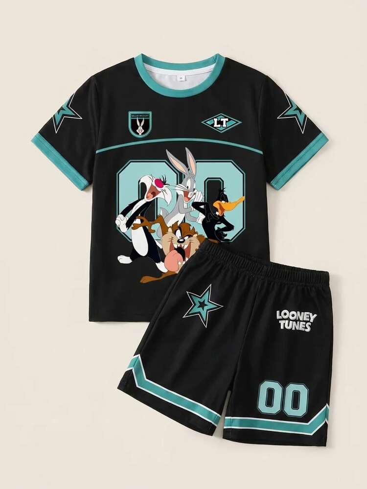 LOONEY TUNES X SHEIN Tween Boy Cartoon Print Contrast Trim Round Neck Short Sleeve T-Shirt And Striped Numeric Print Shorts Set - White - View 1