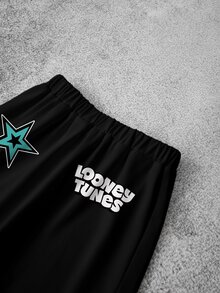 LOONEY TUNES X SHEIN 男童卡通印花撞色滚边圆领短袖T恤和条纹数字印花短裤套装 - 白色 - 查看 7
