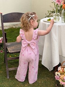 LMoss Kids Baby Girl Woven Striped Ruffled Collar Casual Jumpsuit - Baby Pink - View 5