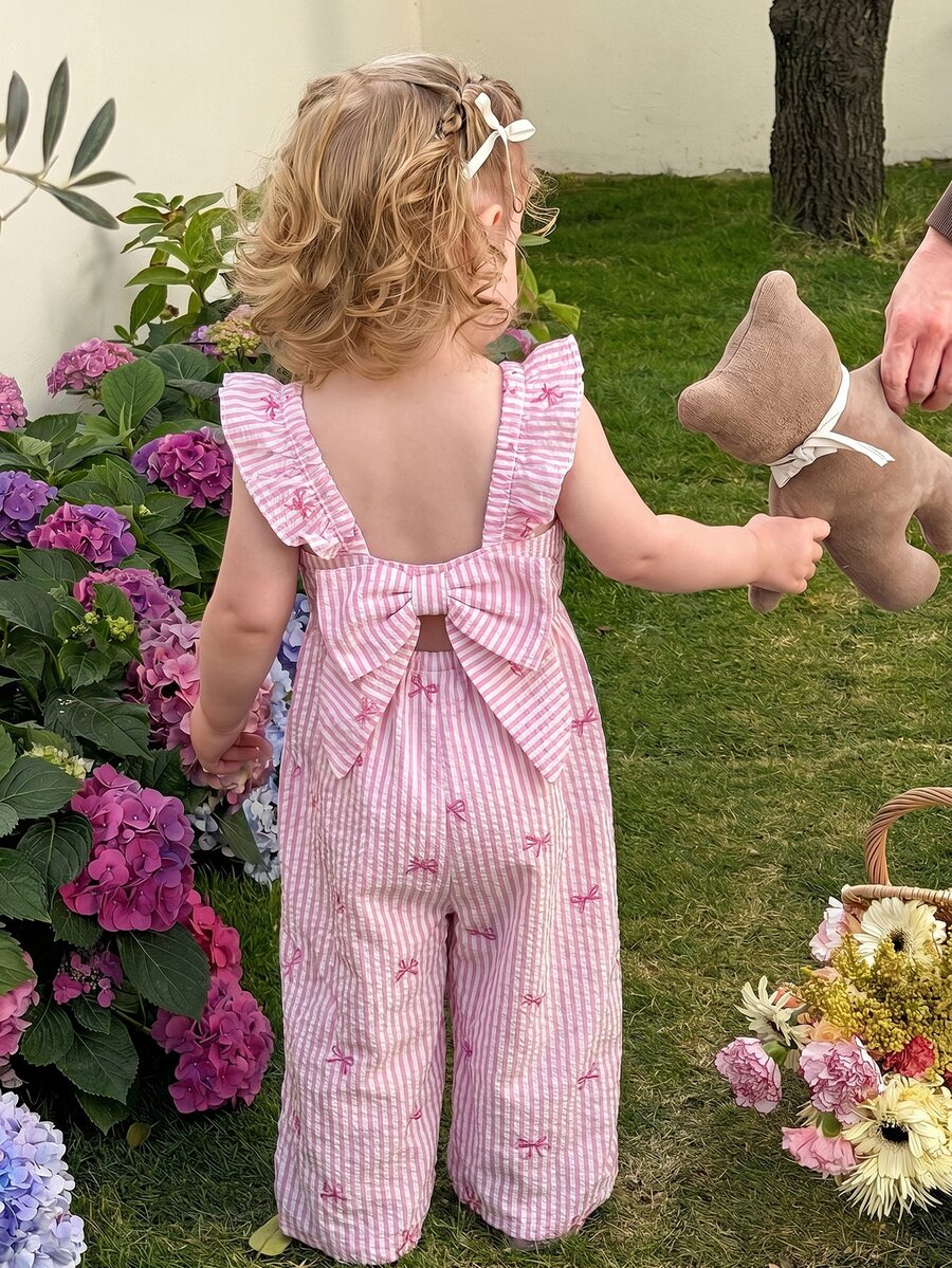 LMoss Kids Baby Girl Woven Striped Ruffled Collar Casual Jumpsuit - Baby Pink - View 1