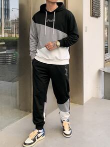 Manfinity LEGND Men Letter Graphic Colorblock Drawstring Hoodie & Sweatpants - Multicolor - View 3