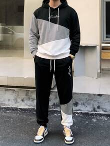 Manfinity LEGND Men Letter Graphic Colorblock Drawstring Hoodie & Sweatpants - Multicolor - View 5