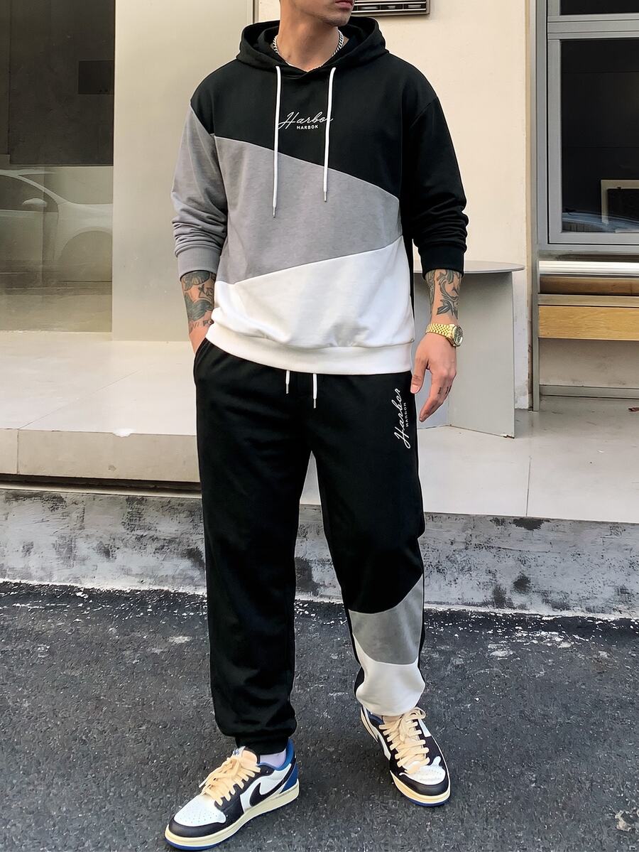 Manfinity LEGND Men Letter Graphic Colorblock Drawstring Hoodie & Sweatpants - Multicolor - View 1