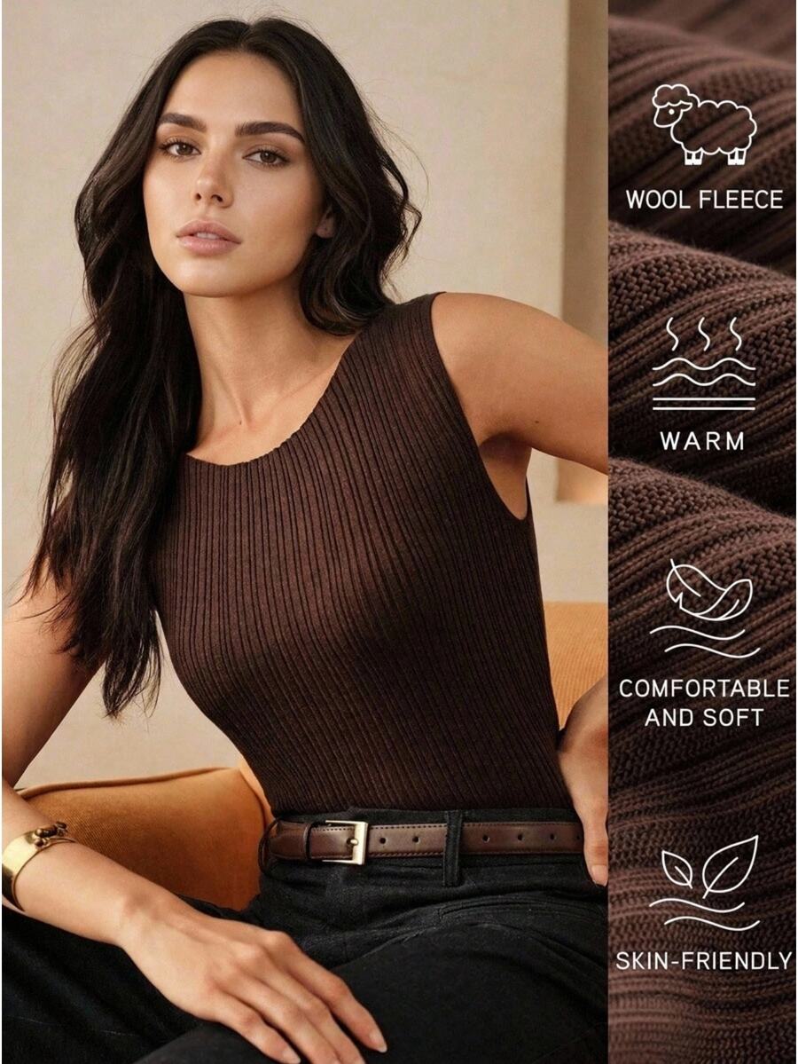 Anewsta Essential Solid Color Elastic Ribbed Knit Tank Top, Minimalist Boat Neck, Slimming Fit, Sleeveless Outerwear/Base Layer Top - Coffee Brown - View 1