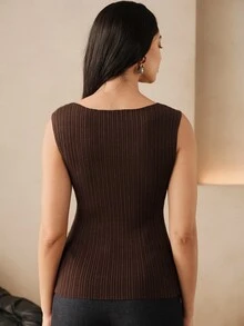 Anewsta Essential Solid Color Elastic Ribbed Knit Tank Top, Minimalist Boat Neck, Slimming Fit, Sleeveless Outerwear/Base Layer Top - Coffee Brown - View 7