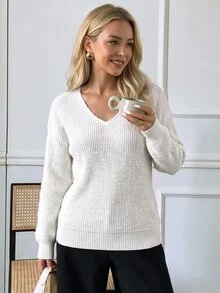 SHEIN LUNE Women's Solid Color V-Neck Dropped Shoulder Long Sleeve Casual Sweater, Autumn & Winter, Knit Pullover Fall - White - View 4