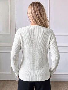 SHEIN LUNE Women's Solid Color V-Neck Dropped Shoulder Long Sleeve Casual Sweater, Autumn & Winter, Knit Pullover Fall - White - View 2