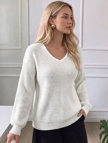 SHEIN LUNE Women's Solid Color V-Neck Dropped Shoulder Long Sleeve Casual Sweater, Autumn & Winter, Knit Pullover Fall - White - View 3