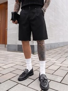 Artur Kramer 男士黑色夏季休閒時尚城市度假短褲，街頭風寬鬆百褶鉚釘設計寬腿褲，多功能適用音樂節與戶外出遊 - 黑色 - 查看 2