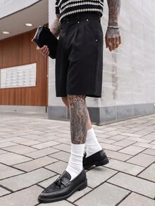 Artur Kramer 男士黑色夏季休閒時尚城市度假短褲，街頭風寬鬆百褶鉚釘設計寬腿褲，多功能適用音樂節與戶外出遊 - 黑色 - 查看 3