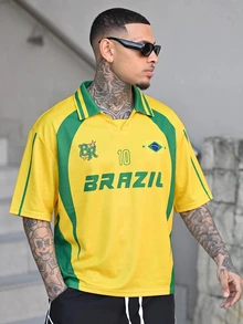 Devon Thys 男士字母與數字印花休閒百搭日常短袖 Polo 運動衫 - 黃色 - 查看 3