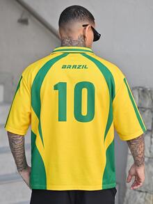 Devon Thys 男士字母與數字印花休閒百搭日常短袖 Polo 運動衫 - 黃色 - 查看 6