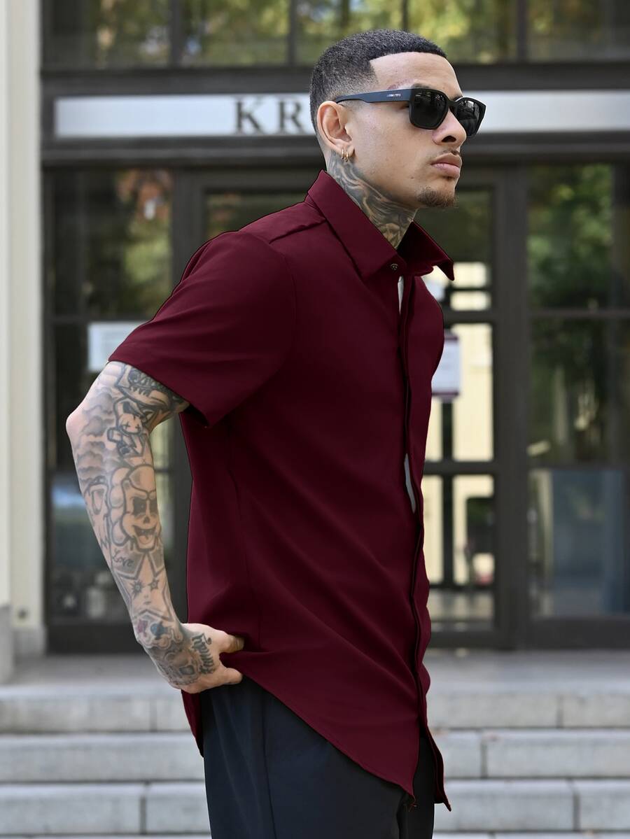 Devon Thys 男士鈕扣式圓弧下擺襯衫 正式襯衫 - 酒紅色 - 查看 1