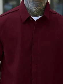Devon Thys 男士鈕扣式圓弧下擺襯衫 正式襯衫 - 酒紅色 - 查看 3