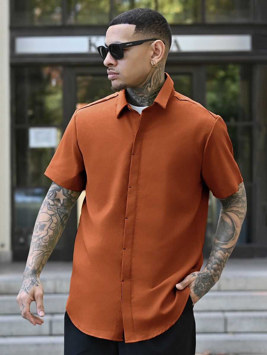 Devon Thys 男士鈕扣式圓弧下擺襯衫,老錢風,正式款 - 亮橙色 - 查看 1