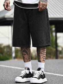 Devon Thys Celana Pendek Denim Kasual Longgar Pria Warna Biru Muda (Jorts) - Hitam - View 5