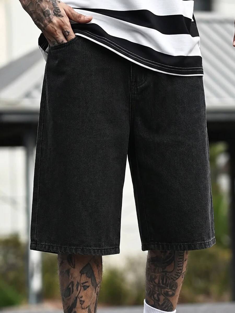 Devon Thys Celana Pendek Denim Kasual Longgar Pria Warna Biru Muda (Jorts) - Hitam - View 1