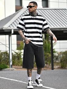 Devon Thys Celana Pendek Denim Kasual Longgar Pria Warna Biru Muda (Jorts) - Hitam - View 6