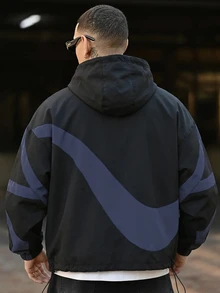 Devon Thys Manfinity Streetrush 男士长袖休闲撞色拼接设计夹克，适合春秋季穿着，科技风夹克，黑色图案夹克，图案拉链夹克，男士长袖防风夹克，男士长袖短款夹克 - 黑色 - 查看 5