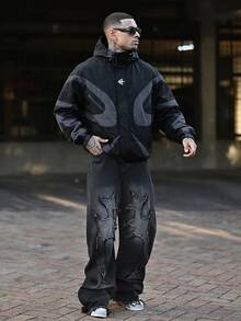 Devon Thys Manfinity Streetrush 男士长袖休闲撞色拼接设计夹克，适合春秋季穿着，科技风夹克，黑色图案夹克，图案拉链夹克，男士长袖防风夹克，男士长袖短款夹克 - 黑色 - 查看 3