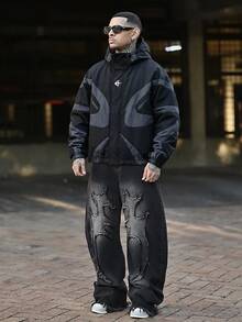 Devon Thys Manfinity Streetrush 男士长袖休闲撞色拼接设计夹克，适合春秋季穿着，科技风夹克，黑色图案夹克，图案拉链夹克，男士长袖防风夹克，男士长袖短款夹克 - 黑色 - 查看 6