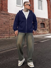 Artur Kramer 男士休闲字母刺绣拉链连帽运动衫，秋季 - 藍色 - 查看 7