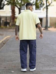 Devon Thys 宽松版型男士抽绳腰带工装牛仔裤，男士宽松直筒休闲裤 - 深色水洗藍 - 查看 5
