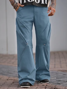 Devon Thys Men's Fashionable Versatile Solid Color Loose Fit Pants - Blue - View 6