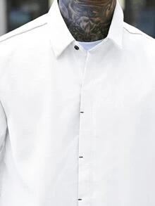 Devon Thys 男士鈕扣式圓弧下擺修身短袖領口素色休閒襯衫，正式款 - 白色 - 查看 6