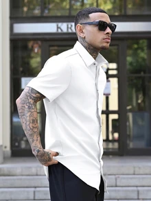 Devon Thys 男士鈕扣式圓弧下擺修身短袖領口素色休閒襯衫，正式款 - 白色 - 查看 2