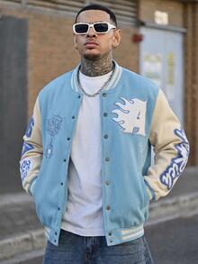 Devon Thys Manfinity Streetrush 男士拼接保暖棒球夹克，长袖天蓝色棒球夹克，男士棒球外套，秋冬款 - 淺藍色 - 查看 1