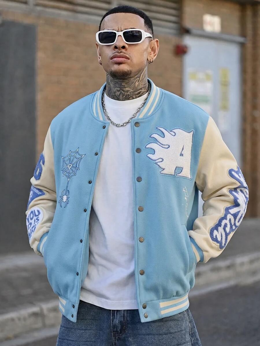 Devon Thys Manfinity Streetrush 男士拼接保暖棒球夹克,长袖天蓝色棒球夹克,男士棒球外套,秋冬款 - 淺藍色 - 查看 1