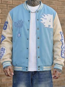 Devon Thys Manfinity Streetrush 男士拼接保暖棒球夹克，长袖天蓝色棒球夹克，男士棒球外套，秋冬款 - 淺藍色 - 查看 5