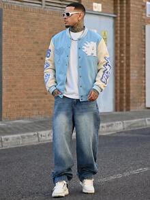Devon Thys Manfinity Streetrush 男士拼接保暖棒球夹克，长袖天蓝色棒球夹克，男士棒球外套，秋冬款 - 淺藍色 - 查看 4