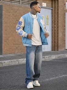 Devon Thys Manfinity Streetrush 男士拼接保暖棒球夹克，长袖天蓝色棒球夹克，男士棒球外套，秋冬款 - 淺藍色 - 查看 2