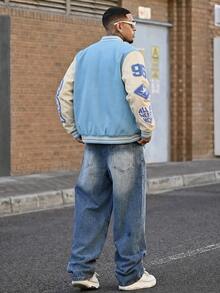 Devon Thys Manfinity Streetrush 男士拼接保暖棒球夹克，长袖天蓝色棒球夹克，男士棒球外套，秋冬款 - 淺藍色 - 查看 6