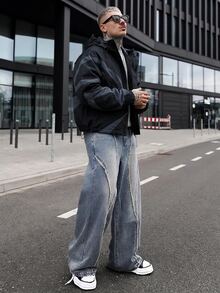 Artur Kramer Manfinity Streetrush 男士长袖休闲撞色拼接设计夹克，适合春秋季穿着，科技风夹克，黑色图案夹克，图案拉链夹克，男士长袖防风夹克，男士长袖短款夹克 - 黑色 - 查看 5