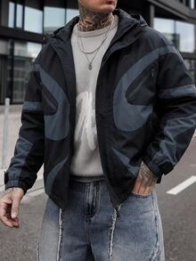 Artur Kramer Manfinity Streetrush 男士长袖休闲撞色拼接设计夹克，适合春秋季穿着，科技风夹克，黑色图案夹克，图案拉链夹克，男士长袖防风夹克，男士长袖短款夹克 - 黑色 - 查看 2