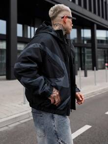 Artur Kramer Manfinity Streetrush 男士长袖休闲撞色拼接设计夹克，适合春秋季穿着，科技风夹克，黑色图案夹克，图案拉链夹克，男士长袖防风夹克，男士长袖短款夹克 - 黑色 - 查看 6