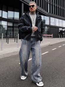 Artur Kramer Manfinity Streetrush 男士长袖休闲撞色拼接设计夹克，适合春秋季穿着，科技风夹克，黑色图案夹克，图案拉链夹克，男士长袖防风夹克，男士长袖短款夹克 - 黑色 - 查看 1