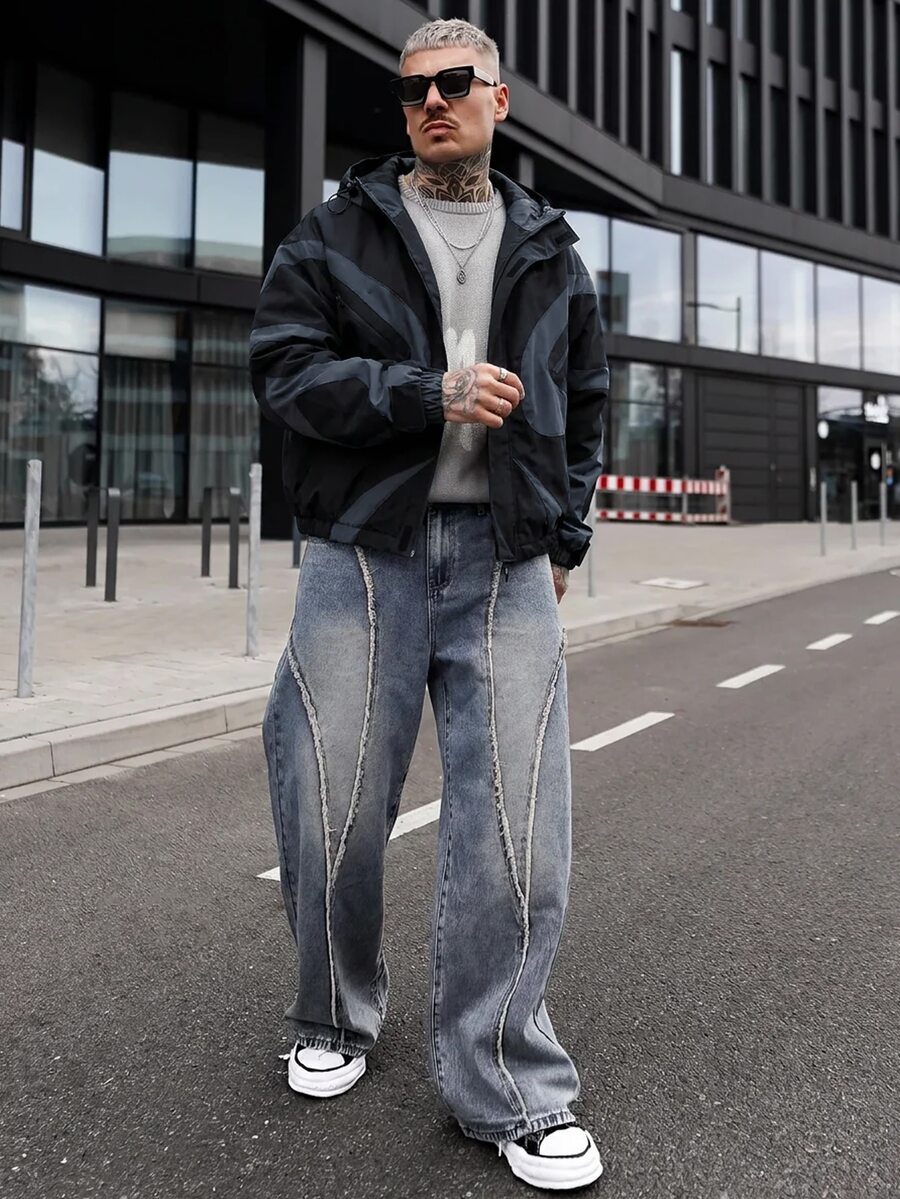 Artur Kramer Manfinity Streetrush 男士长袖休闲撞色拼接设计夹克,适合春秋季穿着,科技风夹克,黑色图案夹克,图案拉链夹克,男士长袖防风夹克,男士长袖短款夹克 - 黑色 - 查看 1