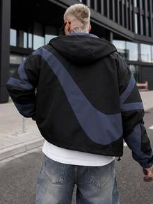 Artur Kramer Manfinity Streetrush 男士长袖休闲撞色拼接设计夹克，适合春秋季穿着，科技风夹克，黑色图案夹克，图案拉链夹克，男士长袖防风夹克，男士长袖短款夹克 - 黑色 - 查看 3
